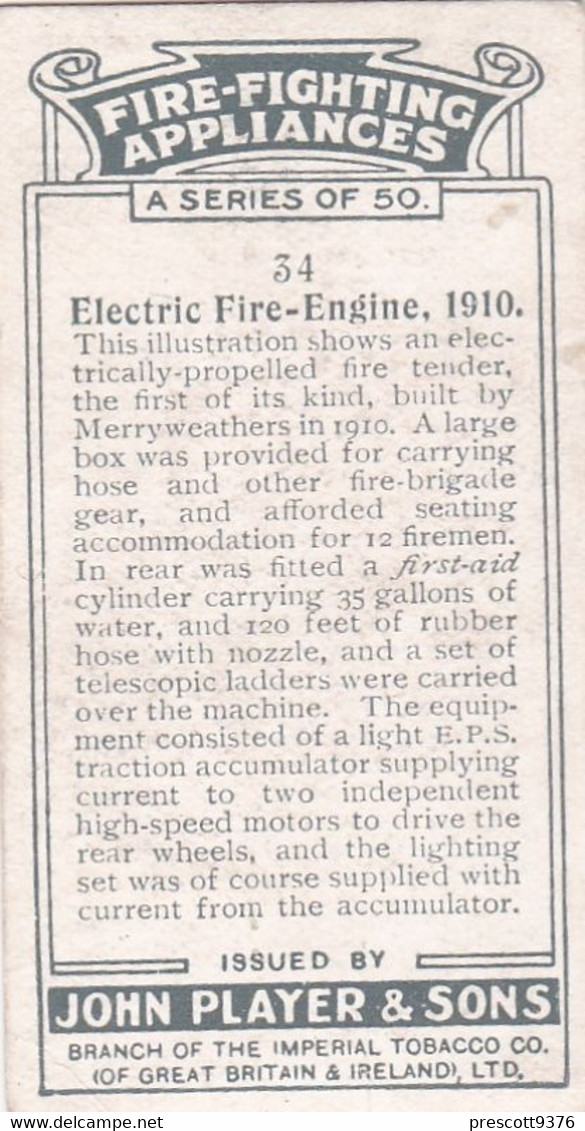 Fire Fighting Appliances 1930  - Players Cigarette Card - 34 Electric Fire Engine 1910 - Ogden's