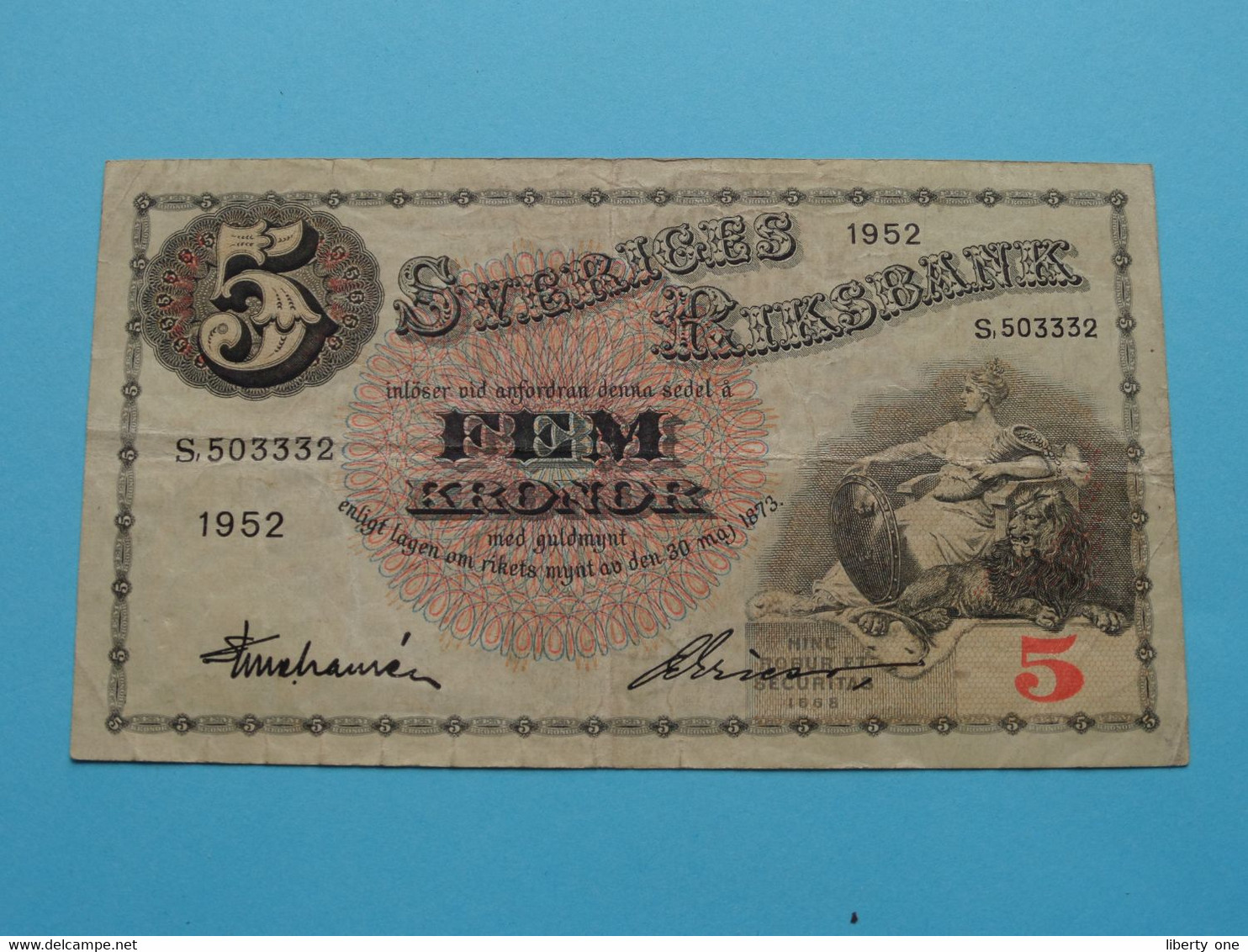 5 Fem Kronor ( S.503332 ) 1952 - Sveriges Riksbank ( Voir / See > Scans ) VG ! - Suecia