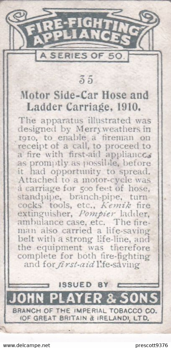 Fire Fighting Appliances 1930  - Players Cigarette Card - 35 Side Car Carrier 1910 - Ogden's