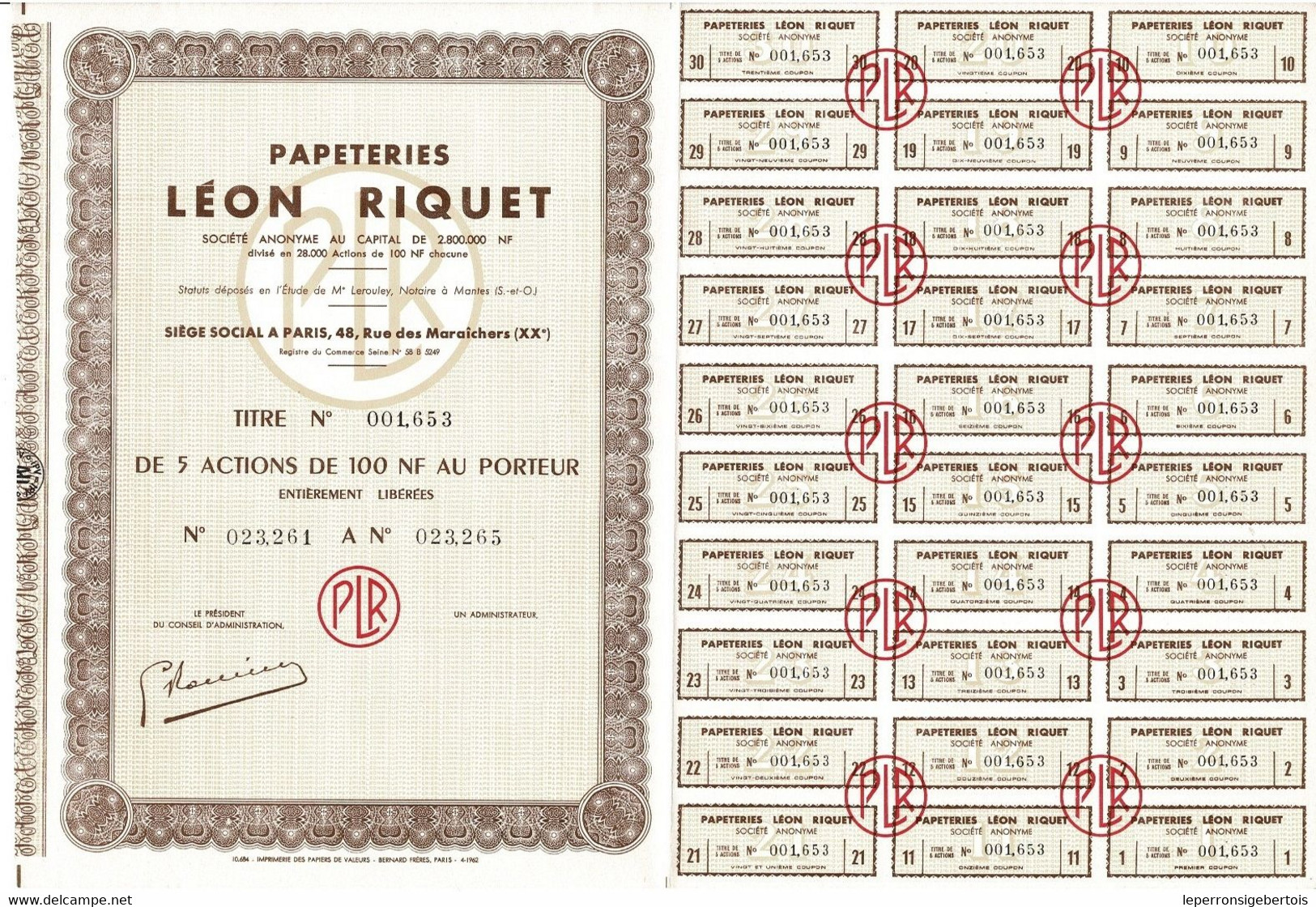 Titre De 1962 - Papeteries Léon Riquet - - Turismo