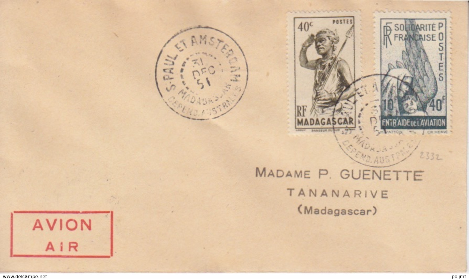 N° 302 (Madagascar) + CG PA 1 Obl. St Paul Et Amsterdam 31 DEC 51, Courrier Du Vercors (Tananarive Le 22/1/52) - ...-1955 Préphilatélie