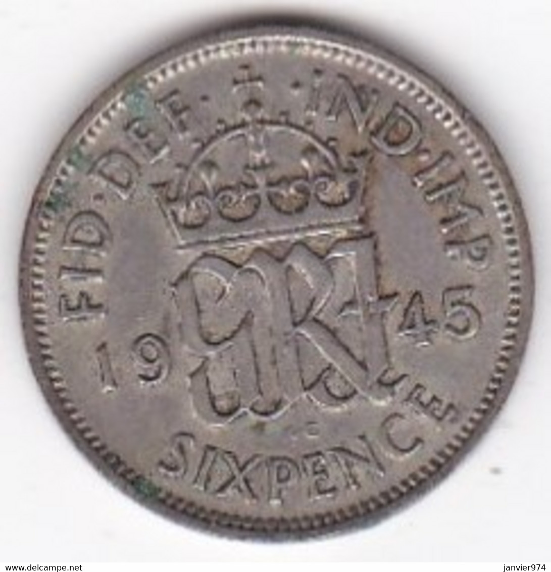 Grande Bretagne. 6 Pence 1945. George VI ,en Argent, KM# 852 - H. 6 Pence