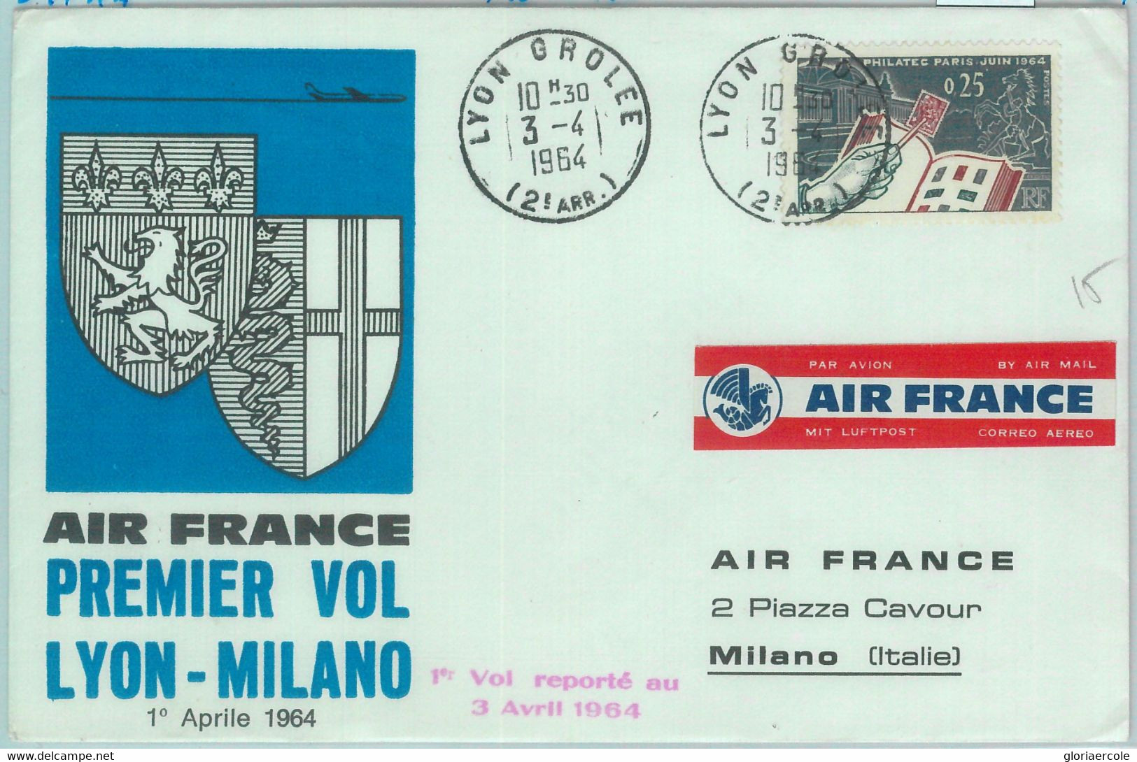 83142 - FRANCE - Postal History - FIRST FLIGHT: Lyon \ Milano  # 541 AA  1964 - Andere & Zonder Classificatie