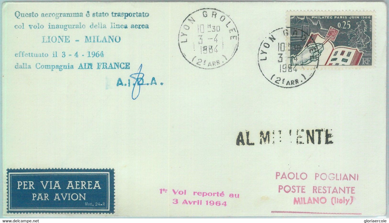 83143 - FRANCE - Postal History - FIRST FLIGHT: Lyon \ Milano  # 541 AA  1964 - Autres & Non Classés