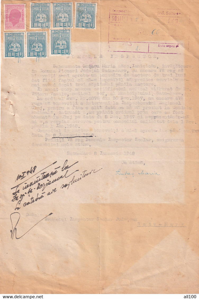 A19488 - BIRTH LEAVE REQUEST ROMANIA 1948 TIMBRU FISCAL 1 LEU 10 LEI STAMP INSPECTORATUL SCOLAR JUDETEAN SATU MARE - Brieven En Documenten