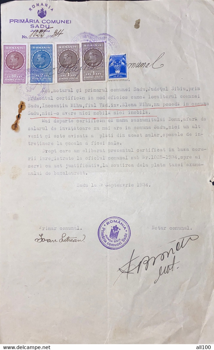 A19510 - TIMBRU FISCAL 10 LEI 2 LEI 1 LEU ROMANIA STAMP TIMBRUL AVIATIEI 1934 STAMPED DOCUMENT PRIMARIA COMUNEI SADU - Cartas & Documentos
