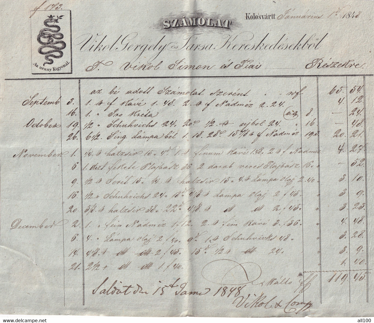 A19514 - INVOICE FROM AUSTRIAN EMPIRE 1848 KOLOZSVAR KLAUSENBURG CLUJ-NAPOCA ROMANIA VIKOL GERGELY ES TARSA KERESKEDESEK - Oostenrijk