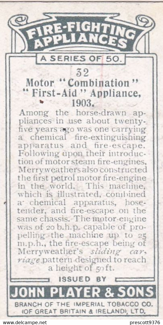 Fire Fighting Appliances 1930  - Players Cigarette Card - 32 First Aid Appliance 1900 - Ogden's