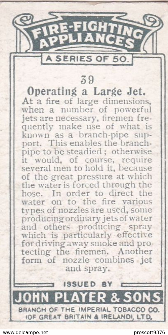 Fire Fighting Appliances 1930  - Players Cigarette Card - 39 Operating Large Jet - Ogden's