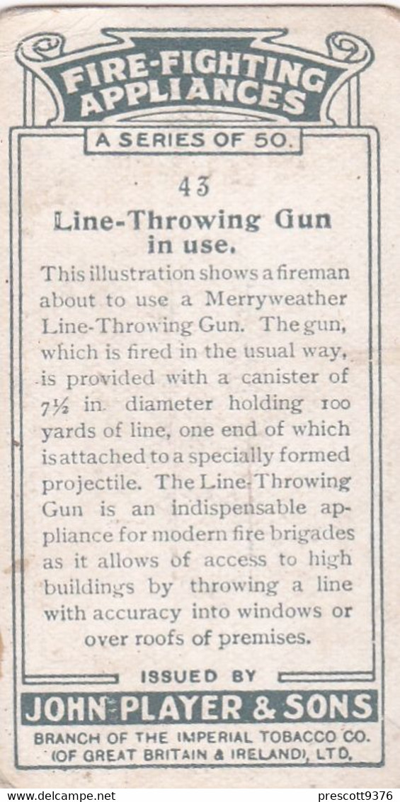 Fire Fighting Appliances 1930  - Players Cigarette Card - 43 Line Throwing Gun - Ogden's