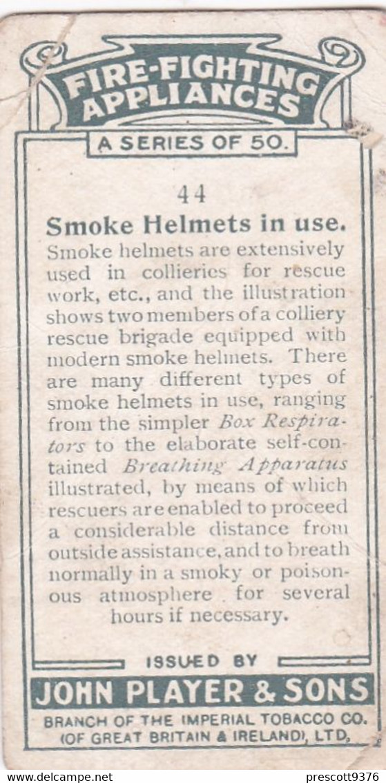 Fire Fighting Appliances 1930  - Players Cigarette Card - 44 Smoke Helmets - Ogden's