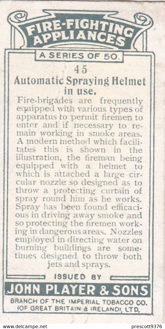 Fire Fighting Appliances 1930  - Players Cigarette Card - 45 Automatic Spraying Helmet - Ogden's