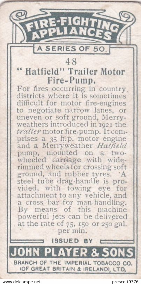 Fire Fighting Appliances 1930  - Players Cigarette Card - 48 Hatfield Trailer Pump - Ogden's