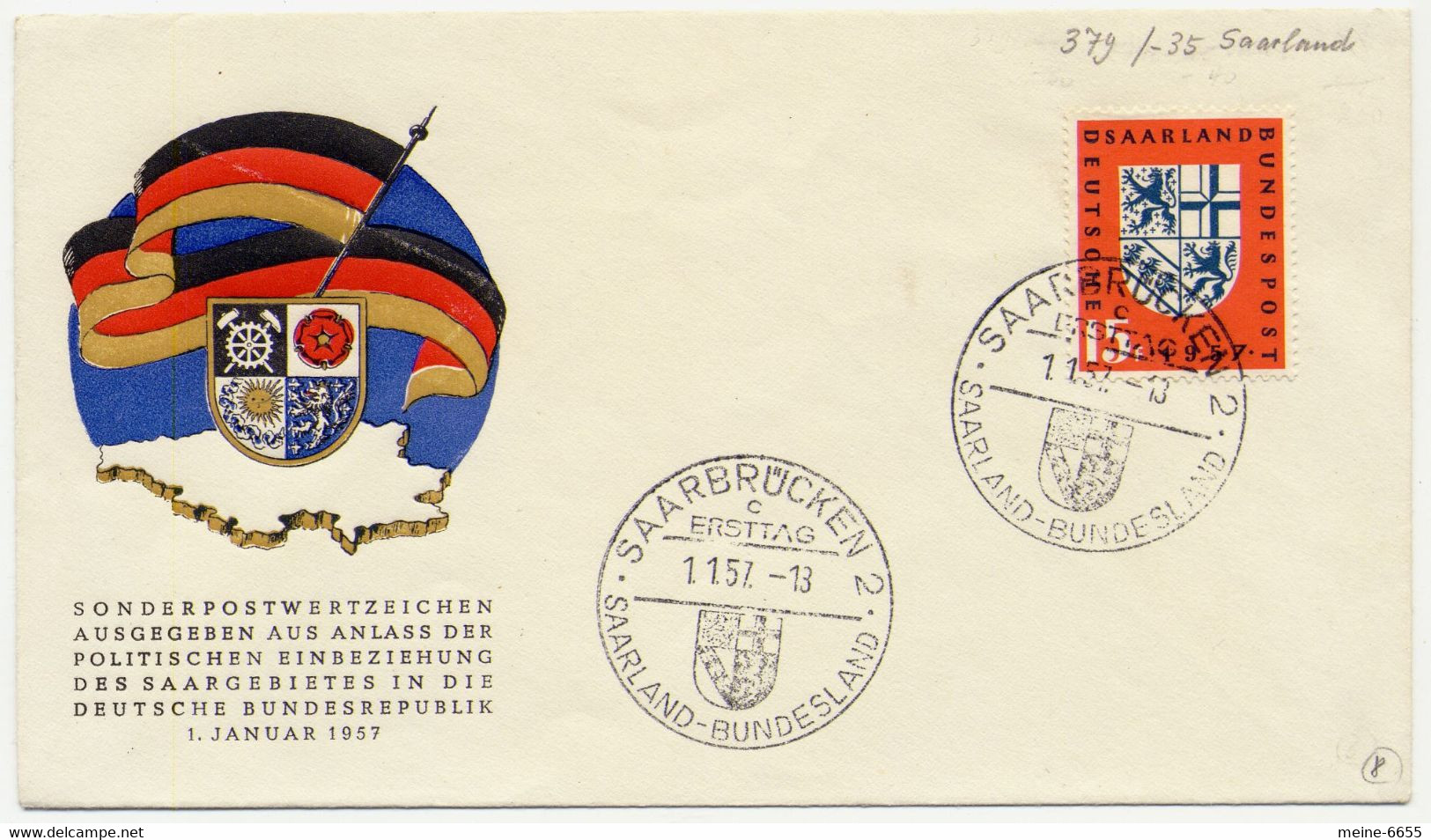 Germany Saarland Als Bundesland – Mi-Nr. 379 Ersttagsbrief / First Day Cover 1.1.1957 - Brieven En Documenten