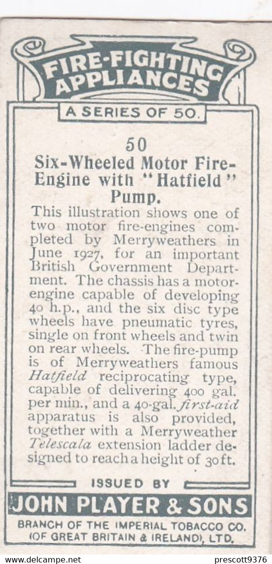 Fire Fighting Appliances 1930  - Players Cigarette Card - 50 6 Wheeler Fire Engine - Ogden's