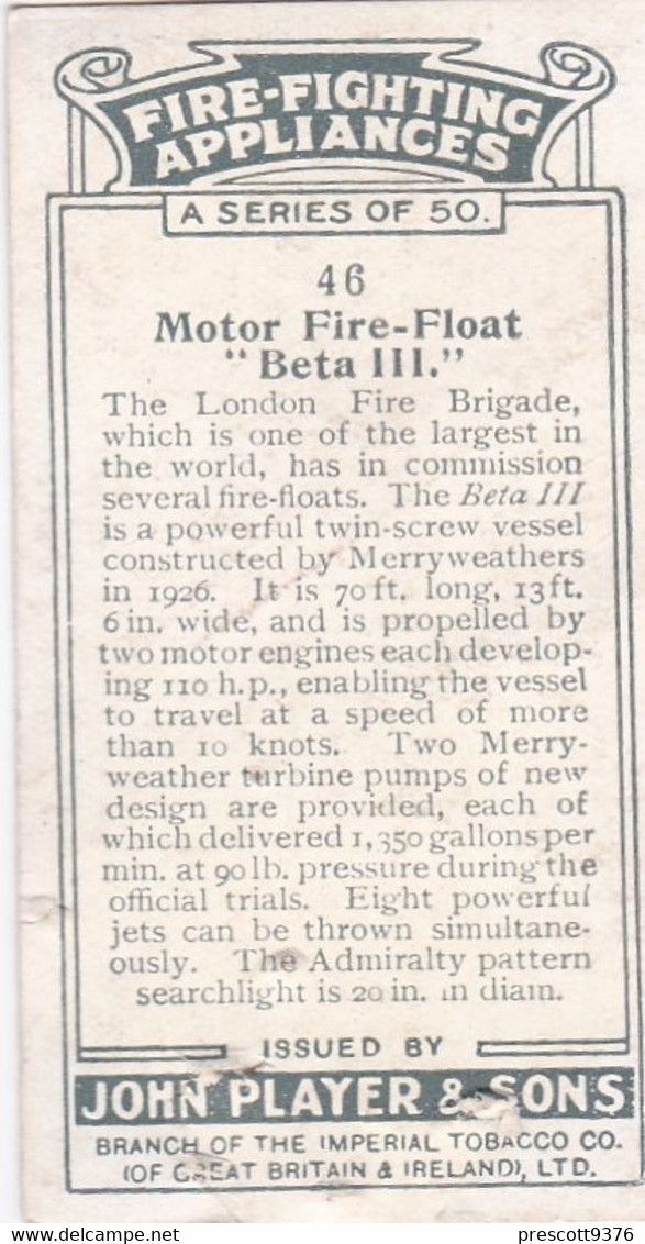 Fire Fighting Appliances 1930  - Players Cigarette Card - 46 Motor Fire Boat "Beta III" - Ogden's
