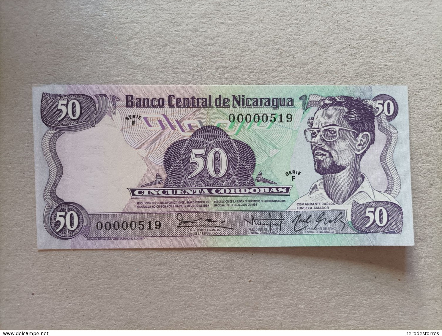 Billete De Nicaragua De 50 Córdobas Año 1984, Nº Bajisimo 00000519, UNC - Nicaragua