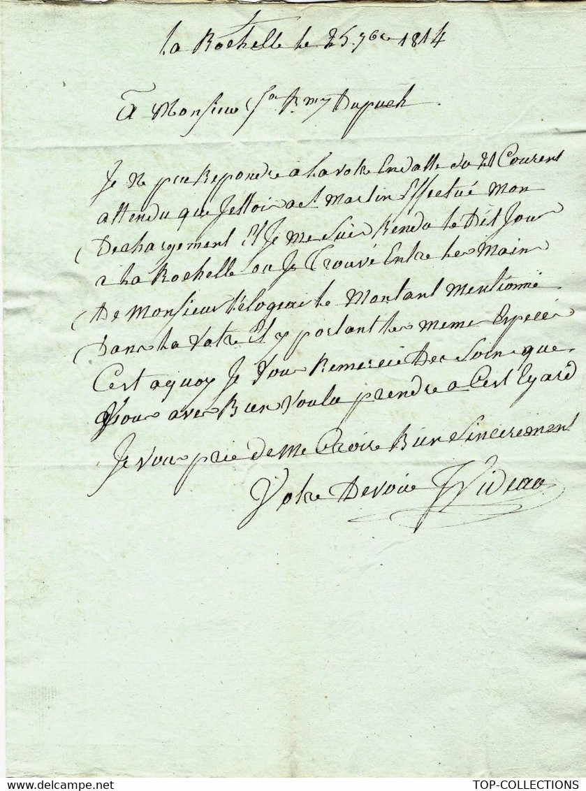 1814 LETTRE COMMERCE MARINE CAPITAINE   Par Videau à La Rochelle Pour Dupuch à Bordeaux - 1800 – 1899