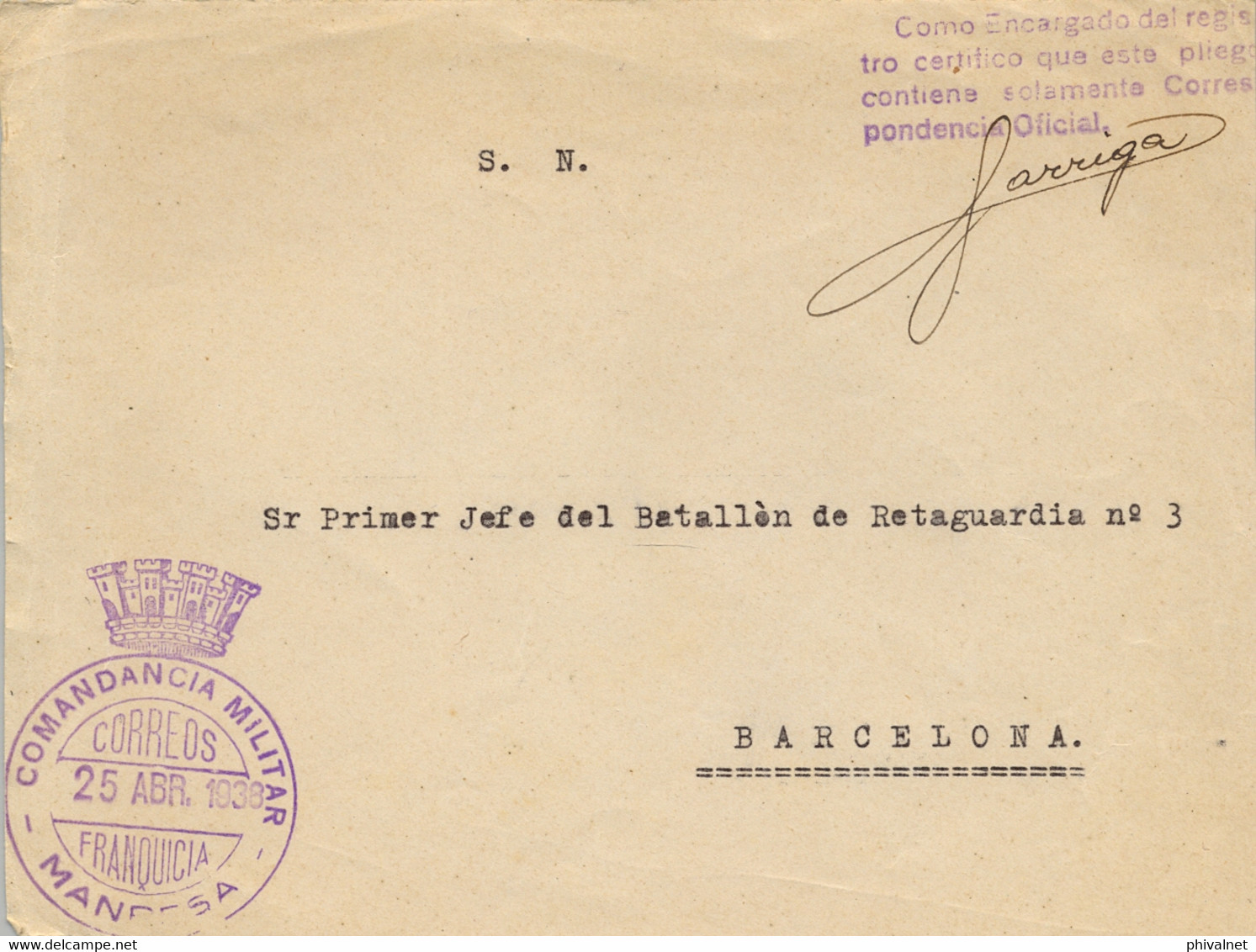 1938 BARCELONA , FRONTAL CIRCULADO , FRANQUICIA DE LA COMANDANCIA MILITAR DE MANRESA - Storia Postale