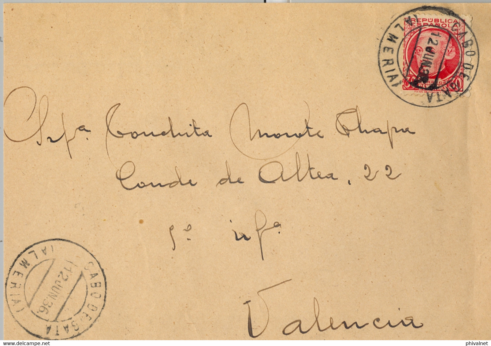 1936 , ALMERIA , SOBRE CIRCULADO ENTRE CABO DE GATA Y VALENCIA - Briefe U. Dokumente
