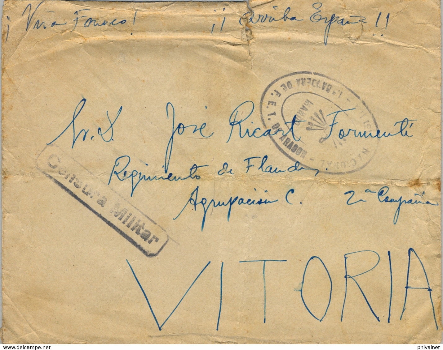 ARAGÓN , SOBRE CIRCULADO A VITORIA , CENSURA MILITAR Y FRANQUICIA 1ª BANDERA FALANGE F.E.T. - Storia Postale