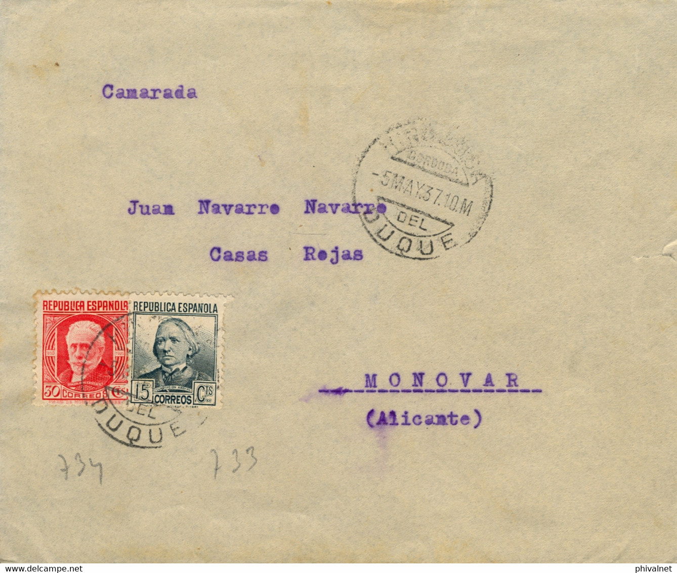 1937 CÓRDOBA , SOBRE CIRCULADO ENTRE HINOJOSA DEL DUQUE Y MONÓVAR , LLEGADA AL DORSO - Lettres & Documents