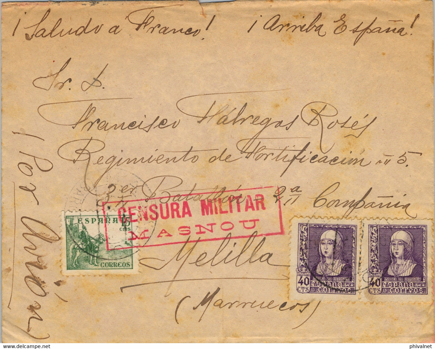 1939 BARCELONA , SOBRE CIRCULADO ENTRE EL MASNOU Y MELILLA , LLEGADA , CENSURA MILITAR - Storia Postale