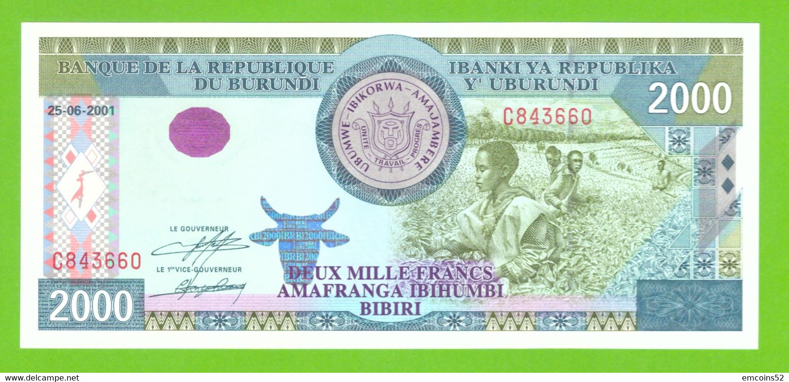 BURUNDI 2000 FRANCS 2001  P-41a  UNC - Burundi