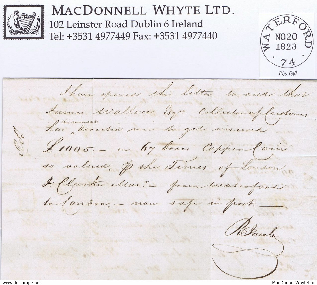 Ireland Waterford Maritime 1827 Second Type Large WATERFORD/74 Town Mileage Cds On Letter To Dublin - Prephilately