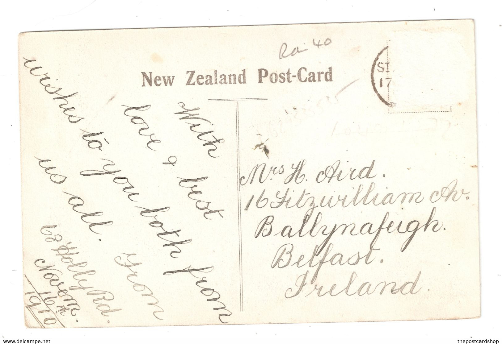 To Mrs Aird 16 Fitzwilliam Avenue Ballynafeigh Belfast Ireland Nov16 1910 NEW ZEALAND Embossed GREETINGS FR CHRISTCHURCH - Belfast