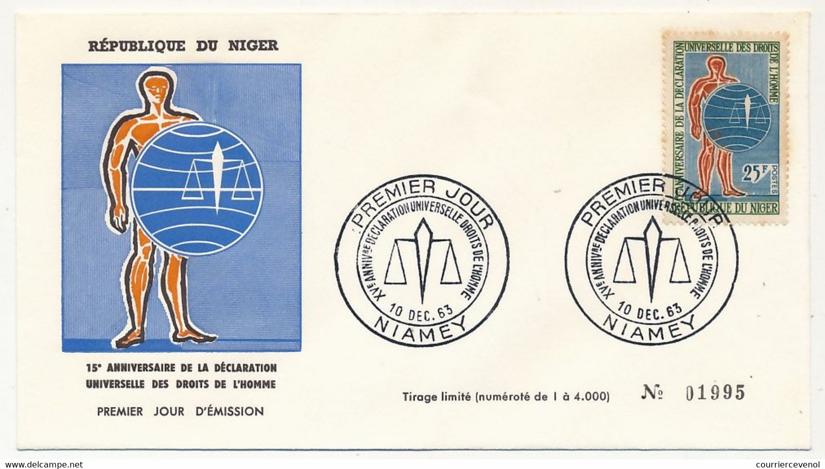NIGER - Enveloppe FDC - 25F XVeme Anniv Déclaration Des Droits De L'homme - NIAMEY - 10 Déc 1963 - Niger (1960-...)