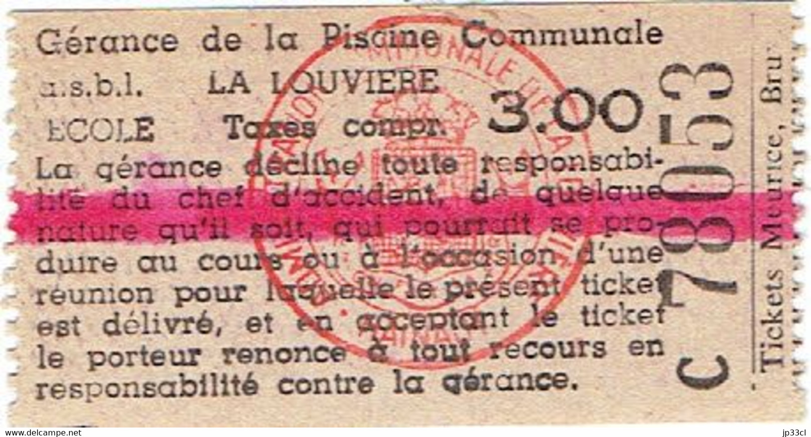 Ticket D'entrée à L'ancienne Piscine Communale De La Louvière, Rue Toisoul (année 1960) - Biglietti D'ingresso