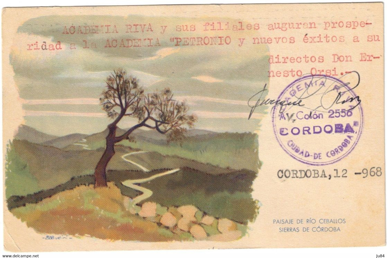 Argentine - Cordoba - Academia Riva - Carte Postale Pour Academia "Petronio" Capital Federal - Signature - 1969 - Covers & Documents