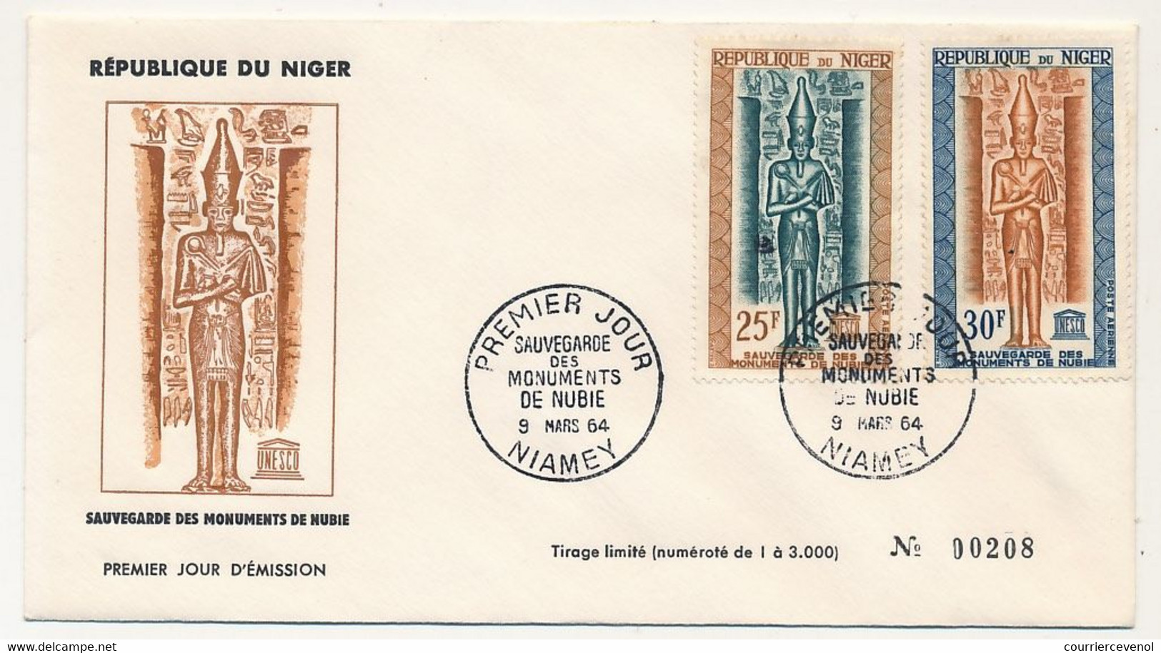 NIGER - 2 Enveloppes FDC - 25F, 30F Et 50F Sauvegarde Des Monuments De Nubie - NIAMEY - 9 Mars 1964 - Niger (1960-...)