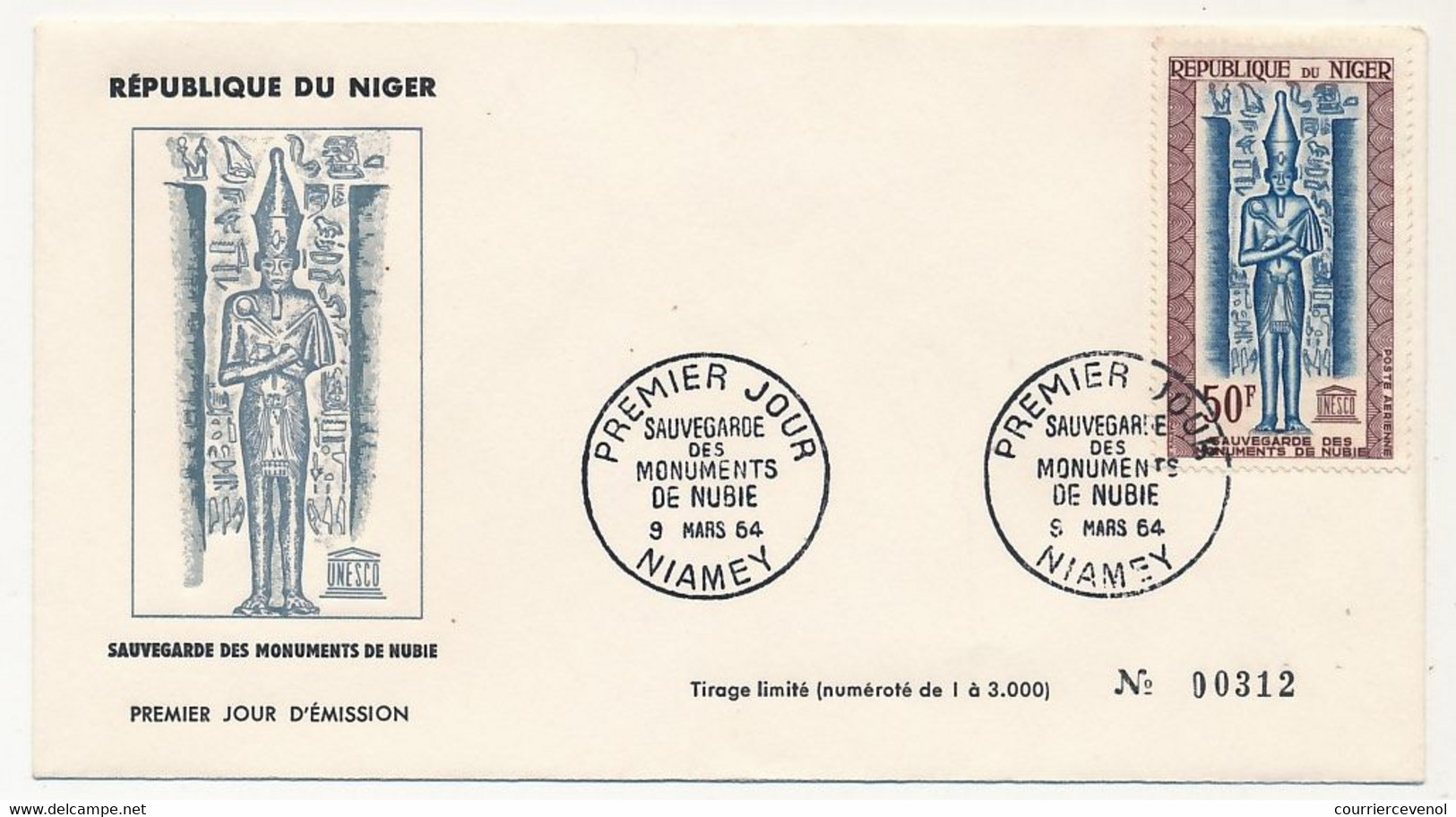 NIGER - 2 Enveloppes FDC - 25F, 30F Et 50F Sauvegarde Des Monuments De Nubie - NIAMEY - 9 Mars 1964 - Niger (1960-...)