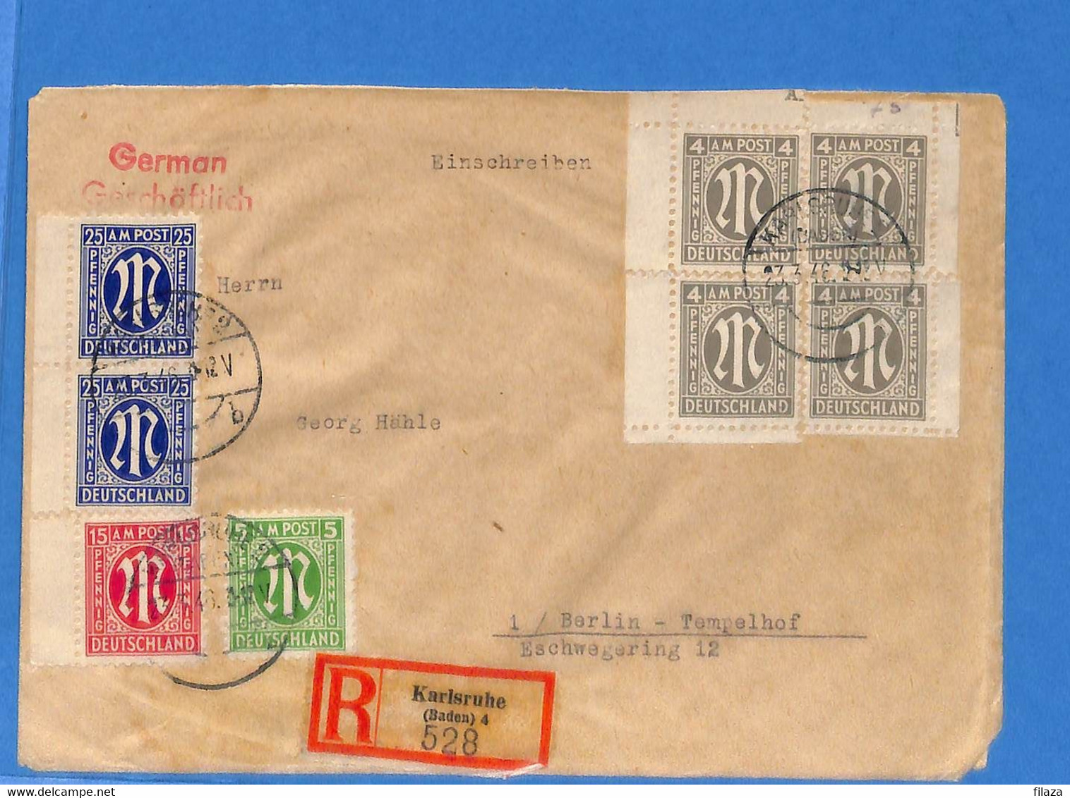 Allemagne Bizone 1946 Lettre Einschreiben De Karlsruhe (G10112) - Autres & Non Classés