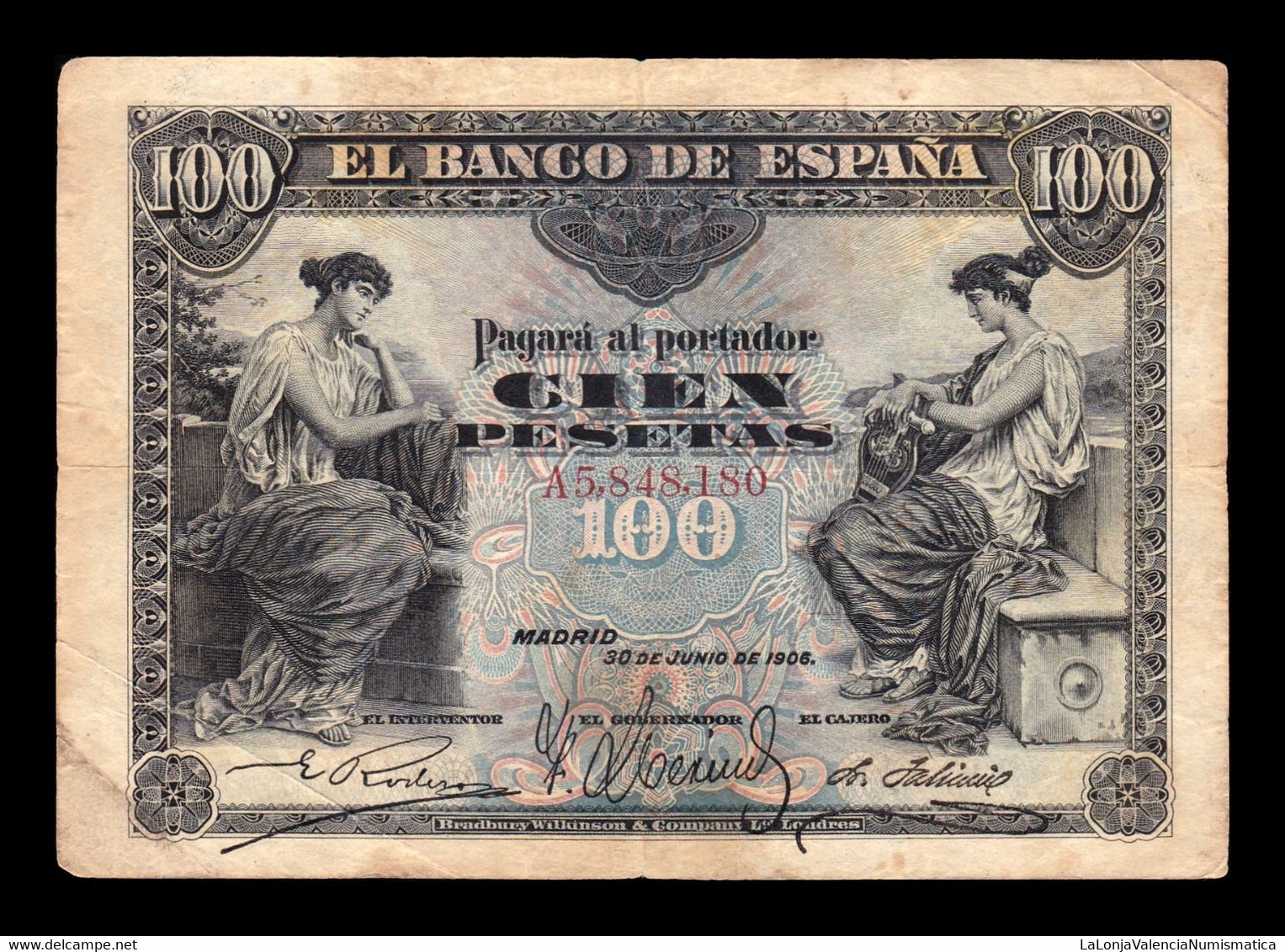 España Spain 100 Pesetas Alegorias 1906 Pick 59 Serie A BC/+ F/+ - 100 Peseten