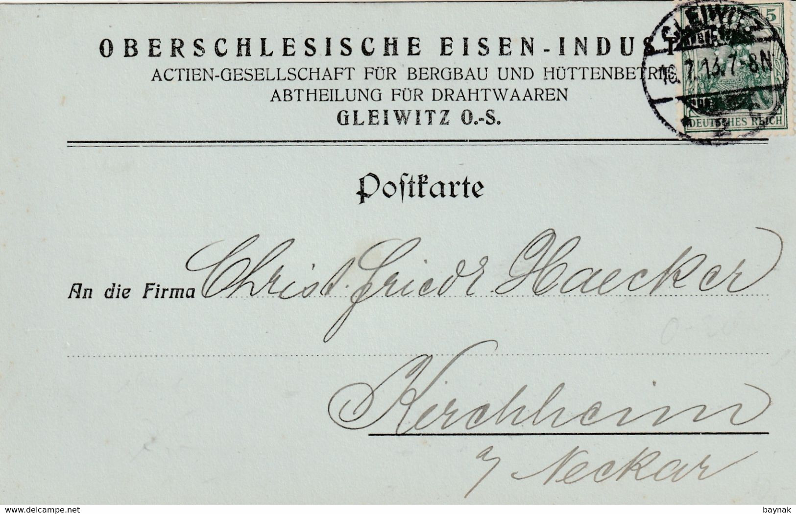 G17  --  POSTKARTE   --  GLEIWITZ O. S.  --  OBERSCHLESISCHE EISEN INDUSTRIE    --  SCHLESIEN  --  1916 - ...-1860 Prefilatelia