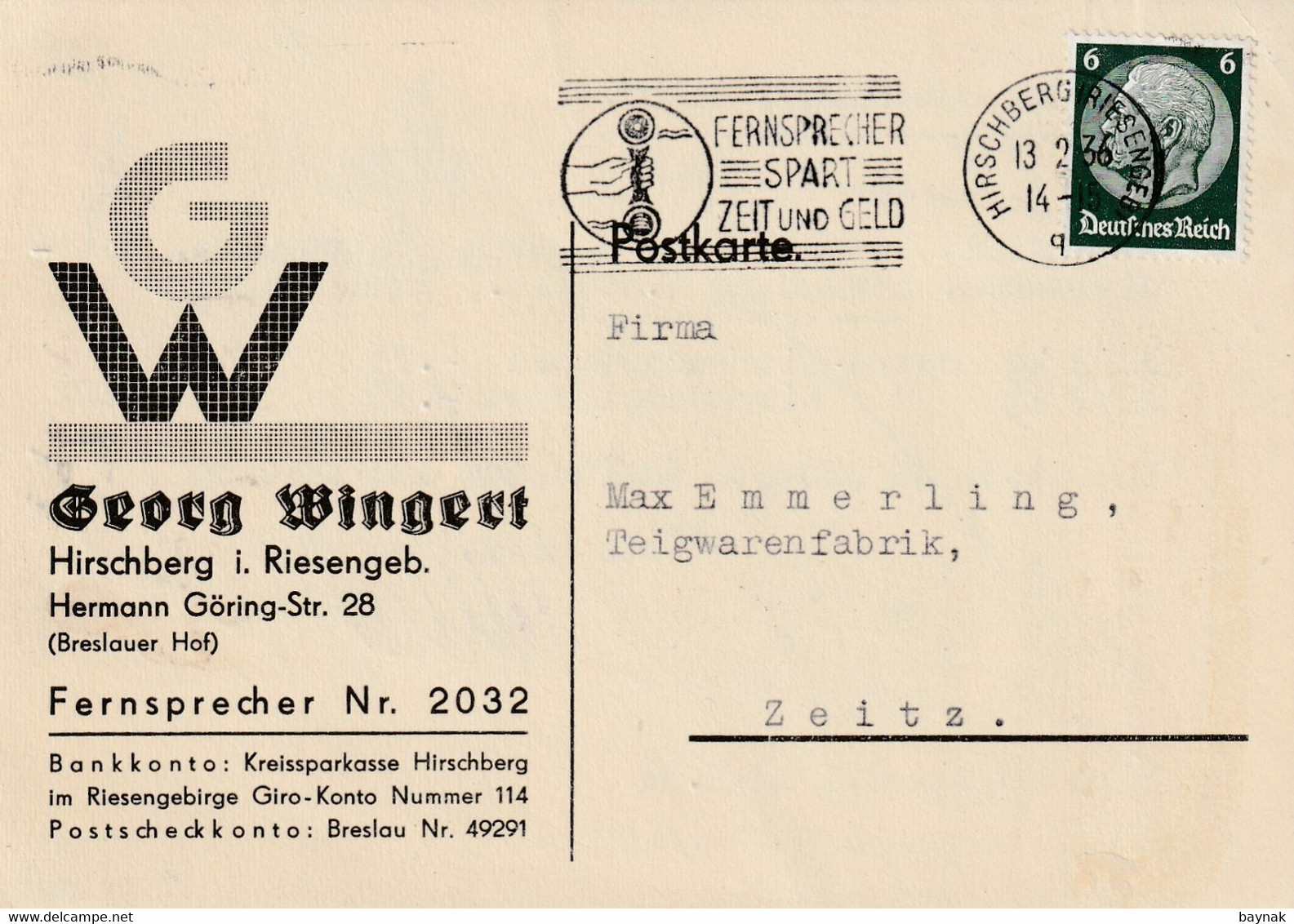 G16  --  POSTKARTE   --  HIRSCHBERG I Rsgb.  --  GEORG WINGERT    --  SCHLESIEN  --  1936 - Sonstige & Ohne Zuordnung