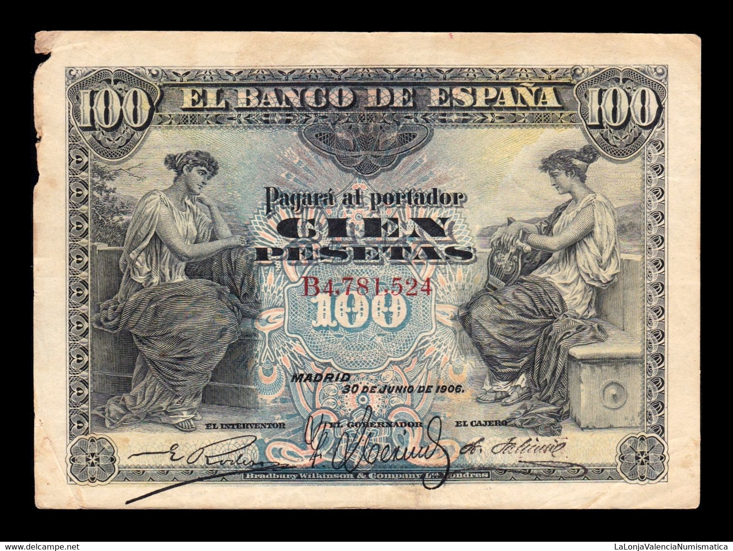 España Spain 100 Pesetas Alegorias 1906 Pick 59 Serie B BC/+ F/+ - 100 Pesetas