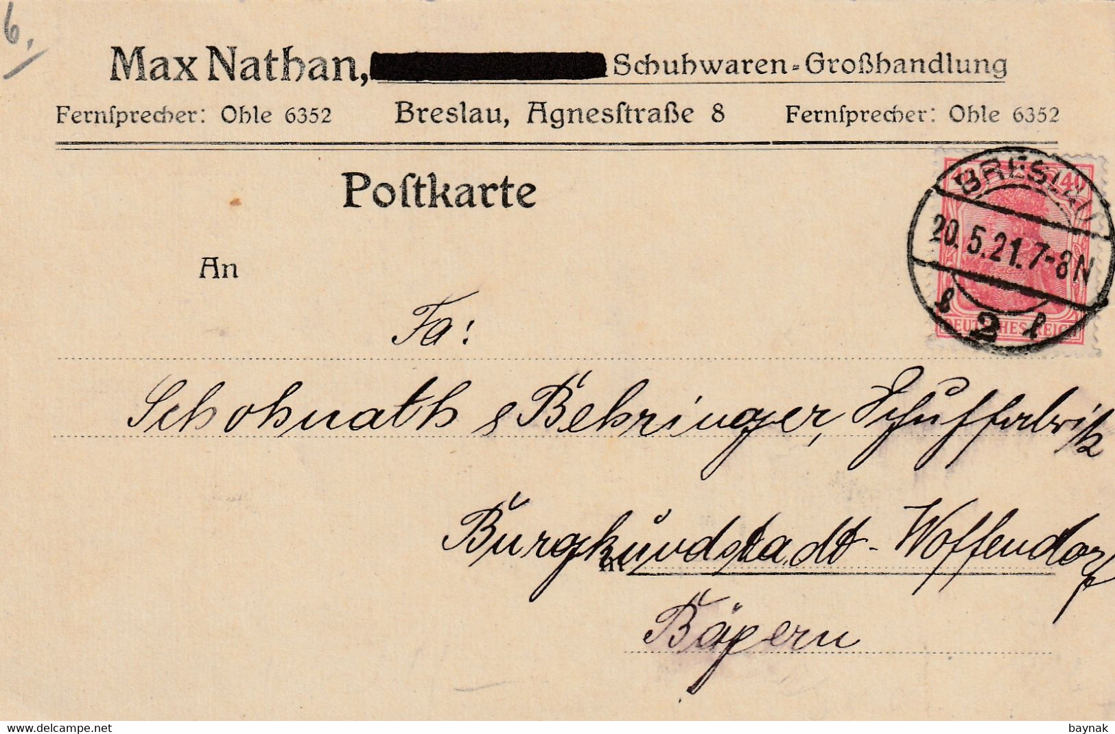 G14  --POSTKARTE   --  BRESLAU  --  MAX NATHAN   --  SCHLESIEN  --  1921 - Sonstige & Ohne Zuordnung