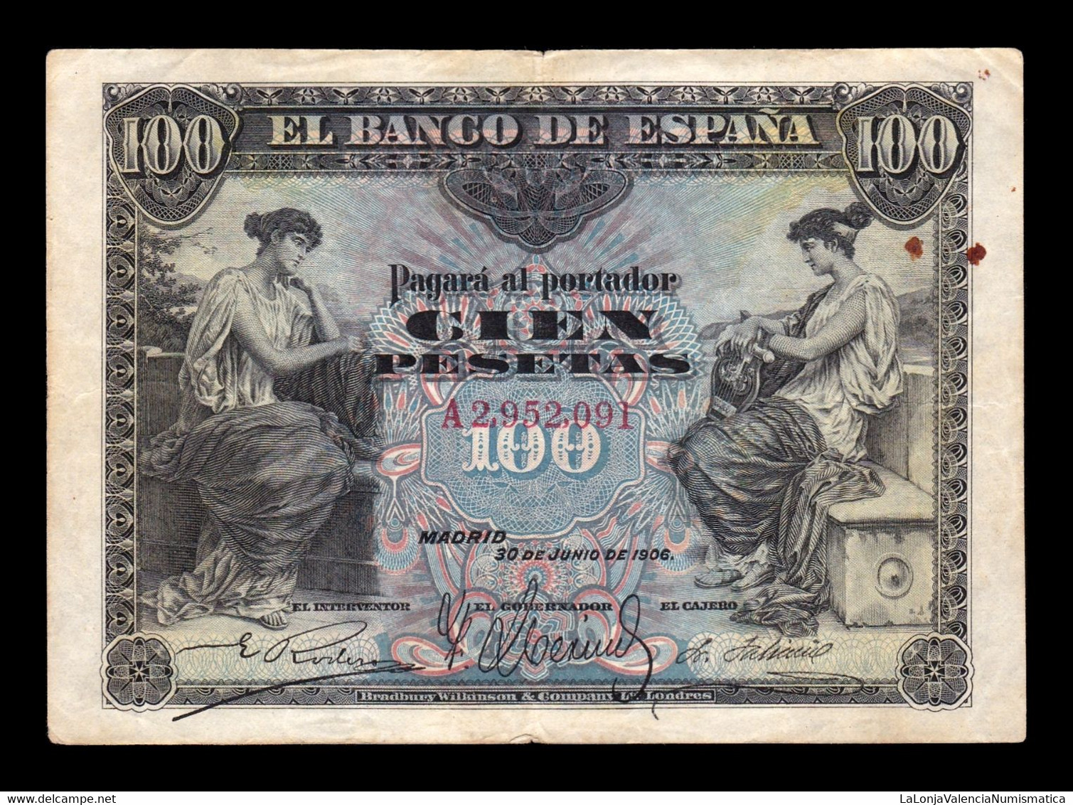 España Spain 100 Pesetas Alegorias 1906 Pick 59 Serie A MBC VF - 100 Peseten