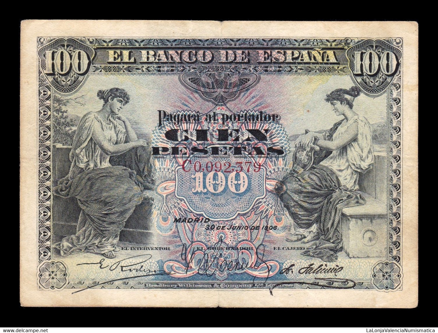 España Spain 100 Pesetas Alegorias 1906 Pick 59 Serie C MBC VF - 100 Pesetas