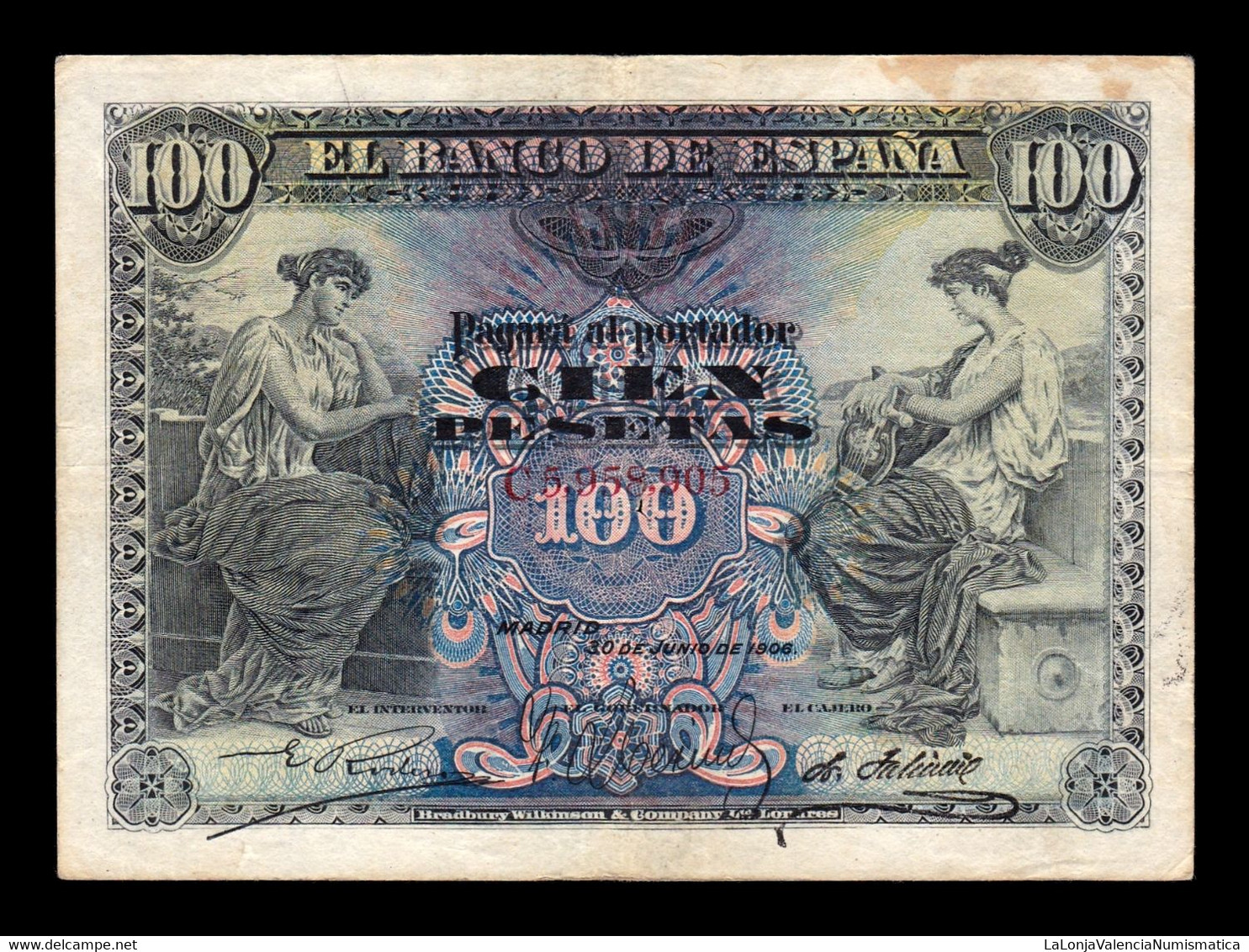 España Spain 100 Pesetas Alegorias 1906 Pick 59 Serie C MBC VF - 100 Peseten