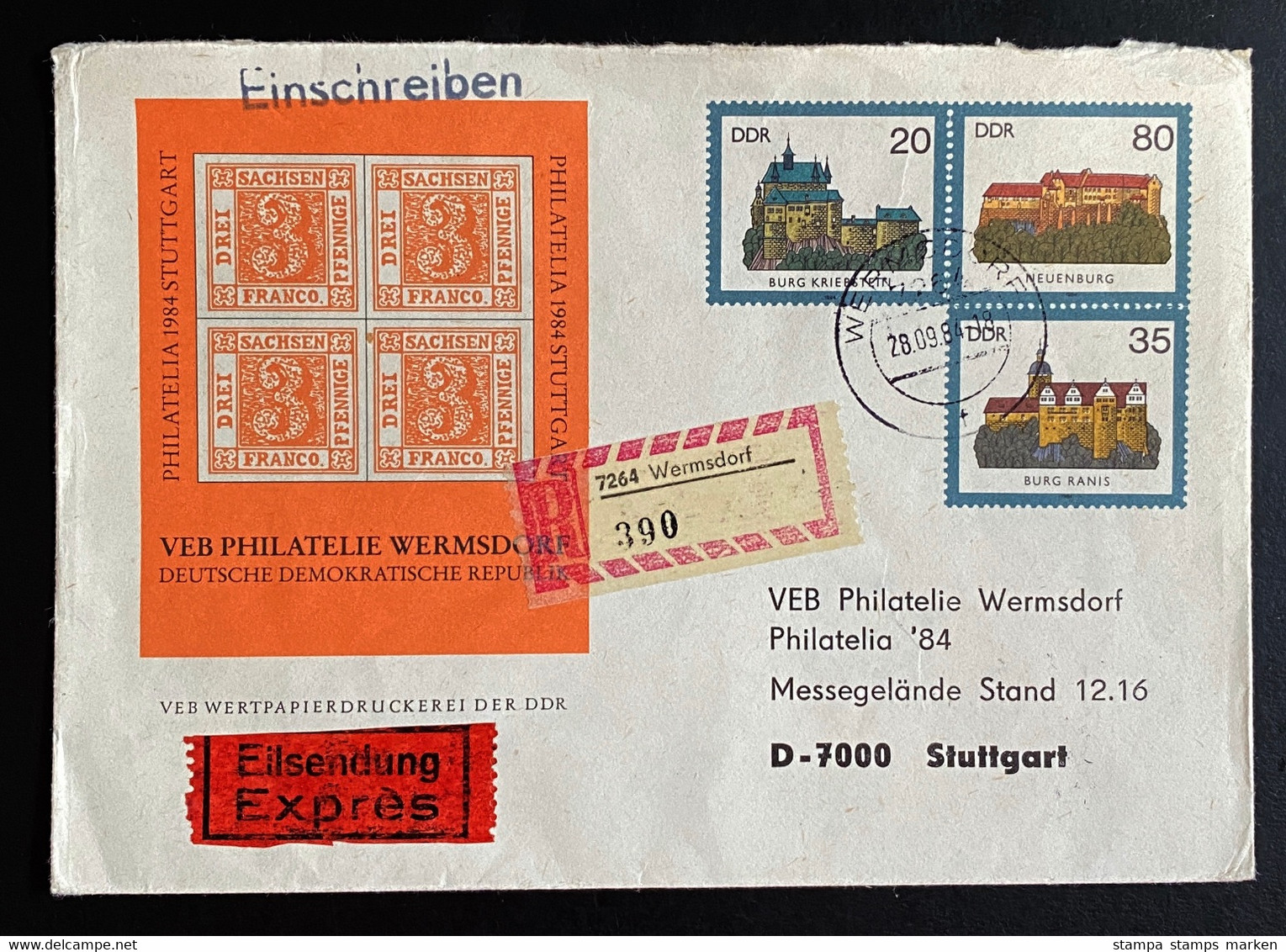 DDR  1984 Ganzsache Umschlag Michel U 1 - Eil-R-Brief Gestempelt (Ersttag) Wermsdorf  - Burgen Der DDR - Umschläge - Gebraucht