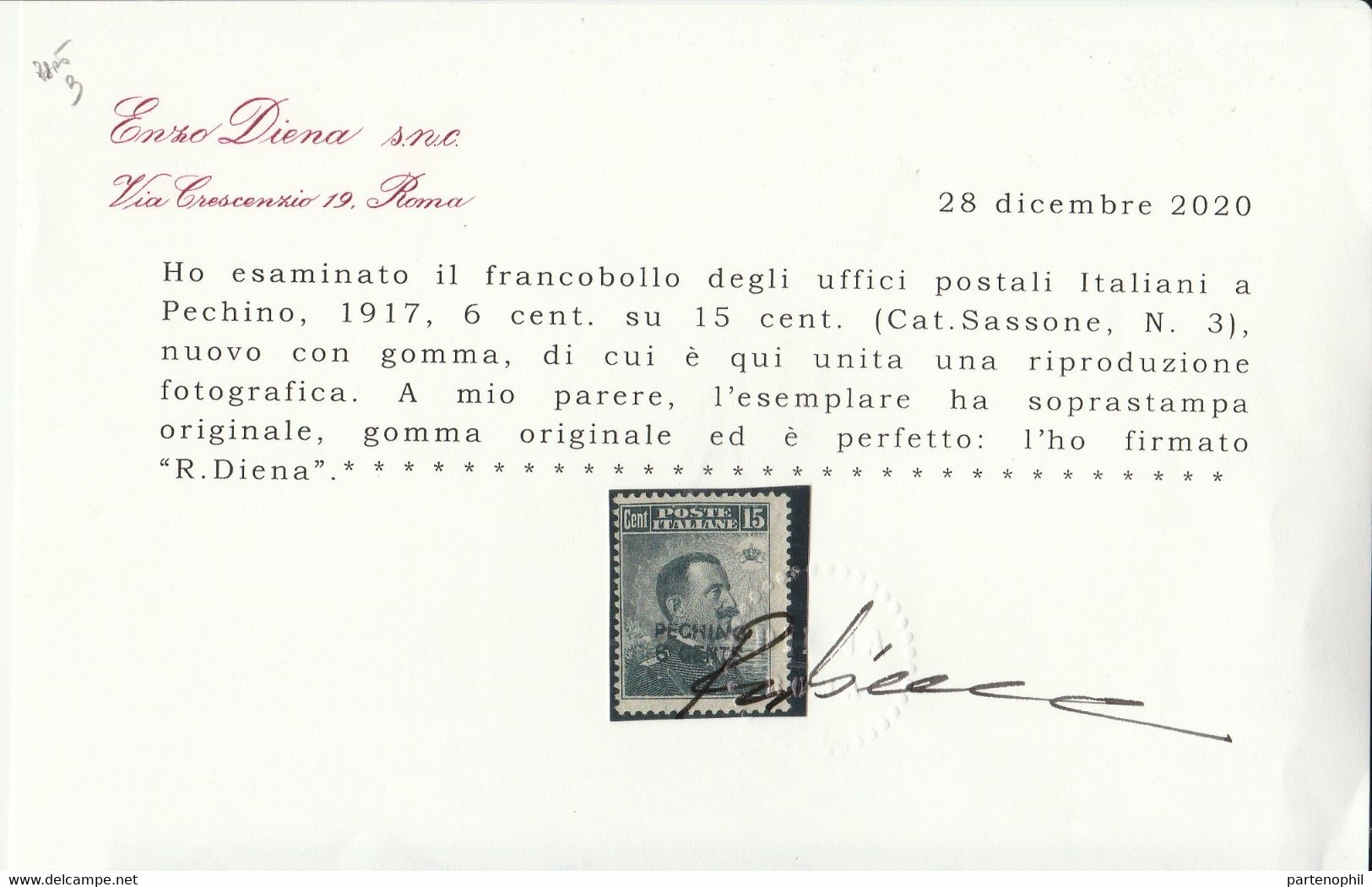 272 - Levante  1917 - Michetti C. 15 Grigio Nero N. 96 Con Soprastampa A Mano “Pechino 6 Cents”. MH - Pechino