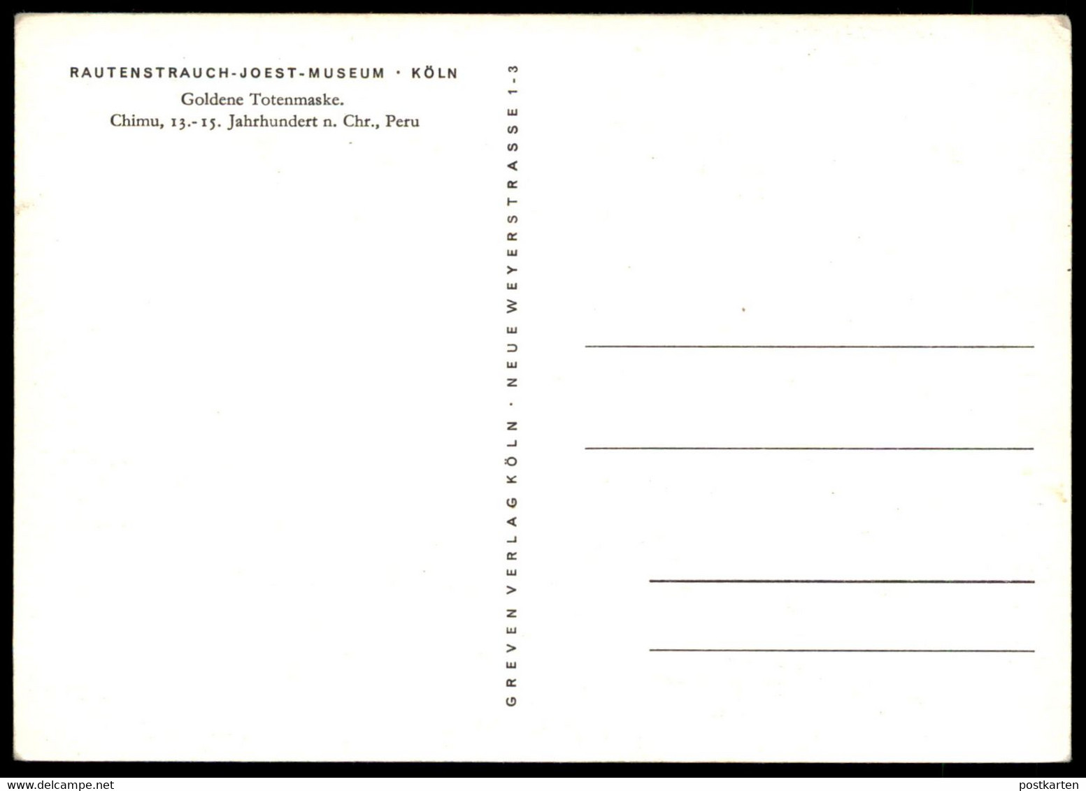ÄLTERE POSTKARTE CHIMU PERU GOLDENE TOTENMASKE 13. - 15. JAHRHUNDERT MASKE RAUTENSTRAUCH JOEST MUSEUM KÖLN Postcard AK - Amérique