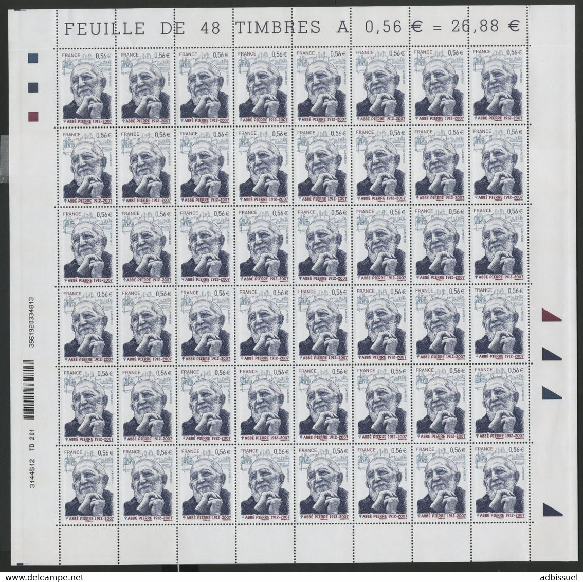 N° 4435 ABBE PIERRE Feuille De 48 Ex. Vendue à La Valeur Faciale. Neuf ** MNH Cote 86.4 € Voir Description - Feuilles Complètes