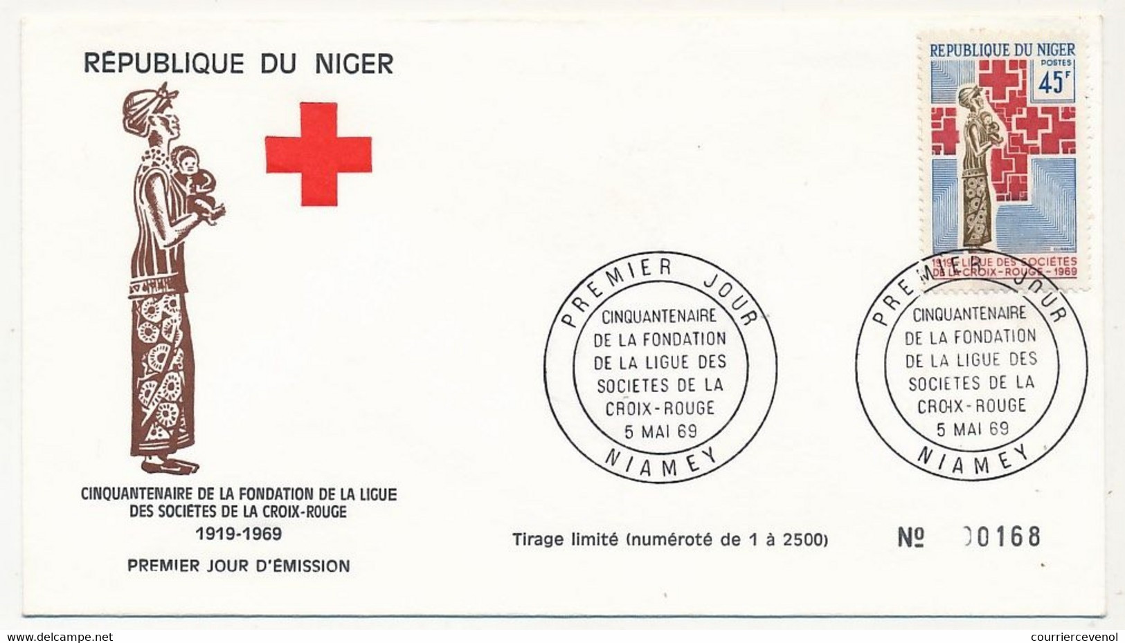 NIGER - 2 Enveloppes FDC - 45f Et 50f Cinquantenaire Fondation De La Ligue Sociétés Croix Rouge - Niamey - 5 Mai 1969 - Niger (1960-...)