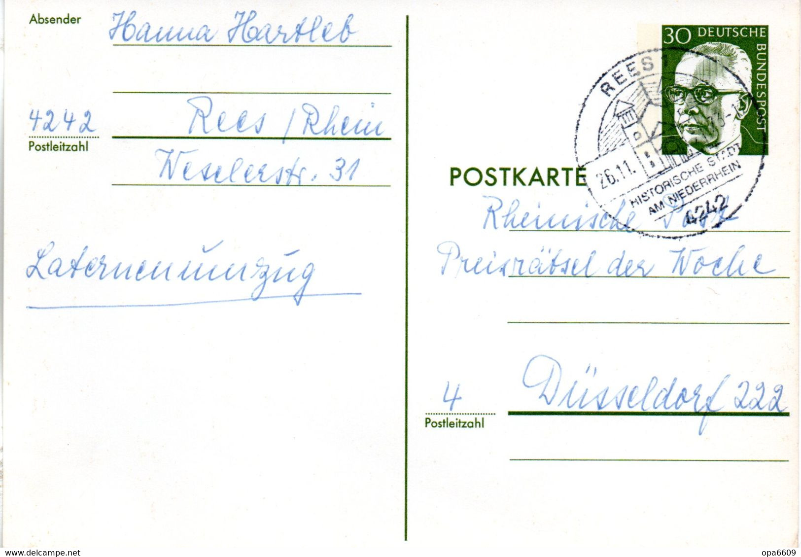 BRD Amtl.Ganzs.-Postkarte P 110b WSt."Bundespräsident Dr. Gustav Heinemann" 30 (Pf) Grün, SSt 26.11.74 REES - Postkarten - Gebraucht